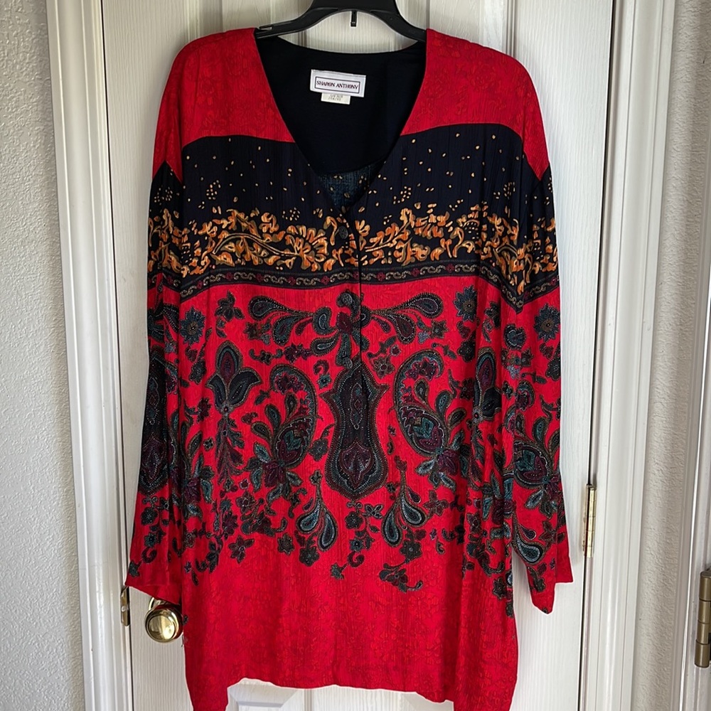 SHARON ANTHONY DRAMATIC RED PAISLEY PRINT LONG SLEEVE BLOUSE SZ 20W BEAUTIFUL …